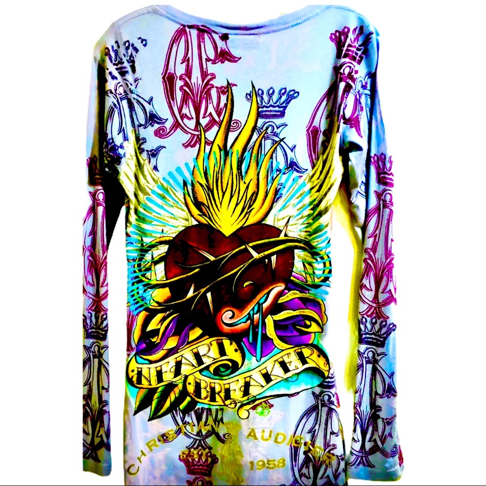 Christian Audigier Y2K crystal goldfoil bleedingheart tattoo light blue dress S